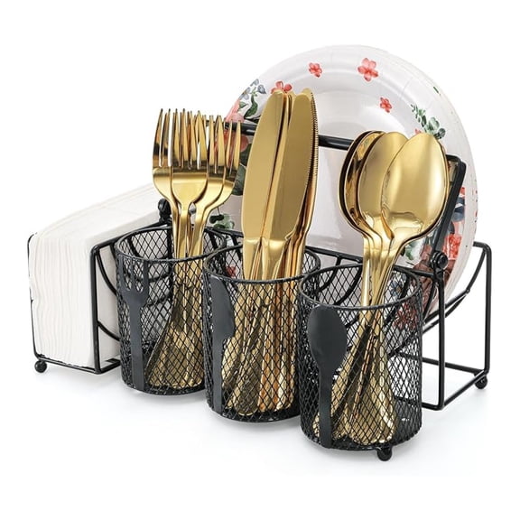 Metal Utensil Caddy with 5 Compartments - Black Silverware Organizer for Kitchen, Parties, Camping, Picnics, BBQ - Flatware Holder for Napkins & Plates