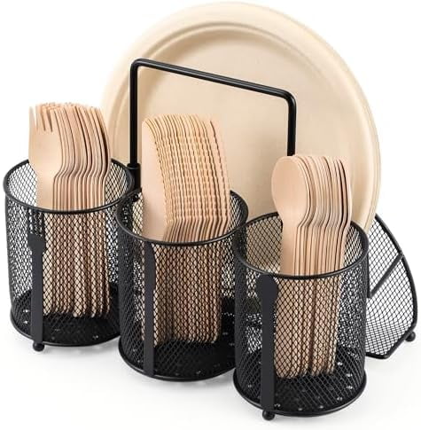 Metal Utensil Caddy Silverware Holder, Paper Plate Holder Cutlery Container,Plate Organizer Flatware Storage Basket Party Camping Picnic Buffet RV BBQ Farmhouse Kitchen Countertop
