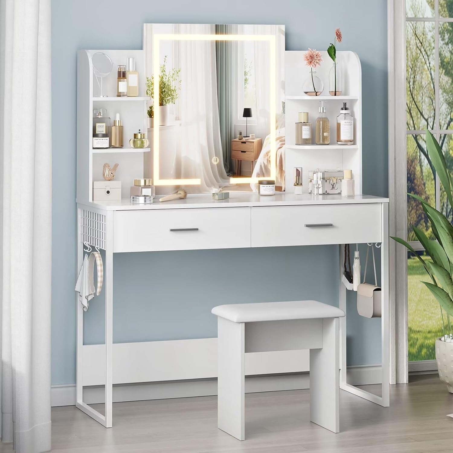Metal Vanity Desk with Hooks, White Makeup Table with Mirror and Light