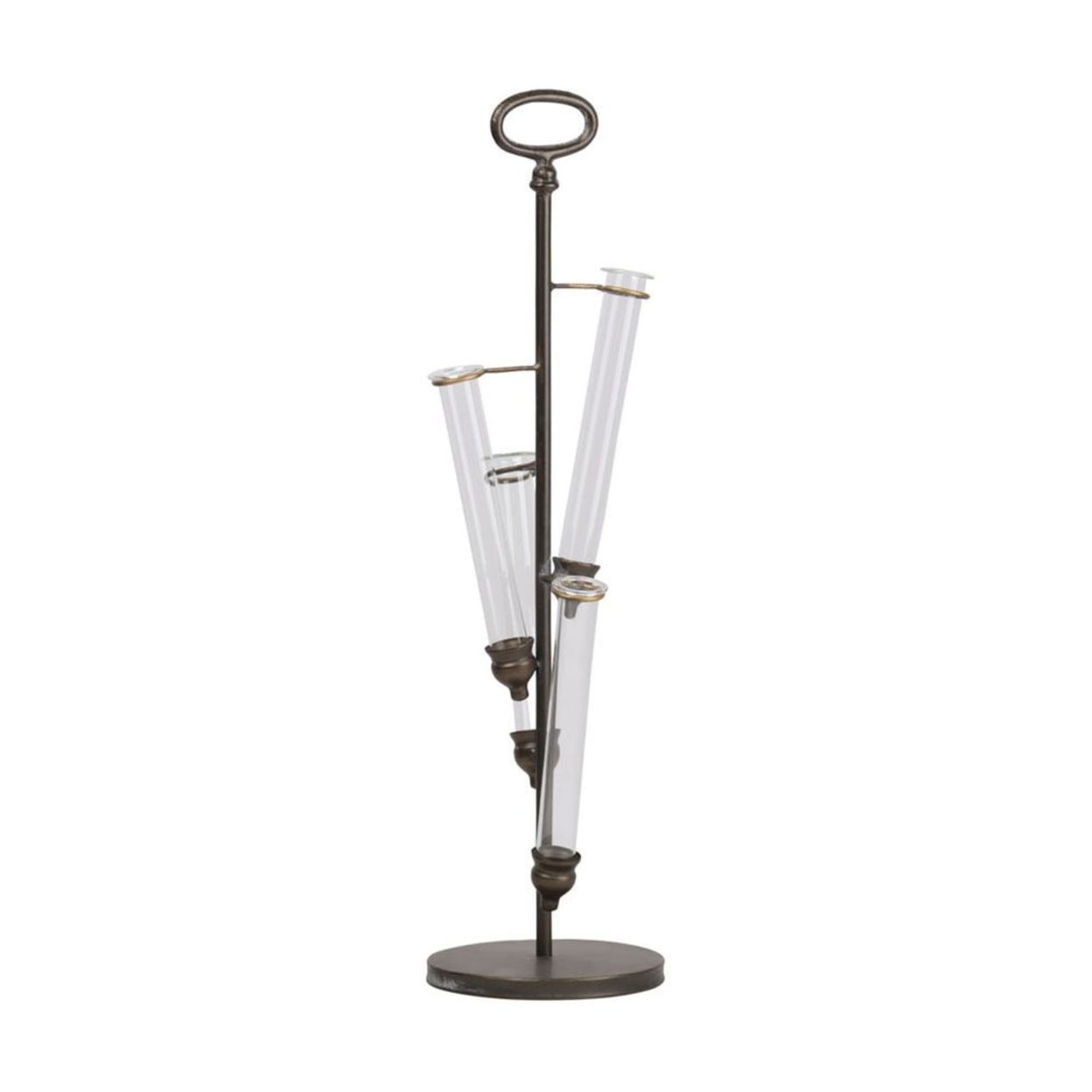 Metal Vase Holder with Top Oval Handle and 4 Glass Tube Vases on Round