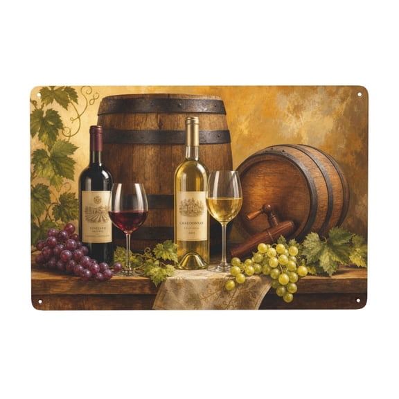 Metal Vineyard Wall Decor Sign, Rustic Wine Barrel Theme - 8x12 Inch