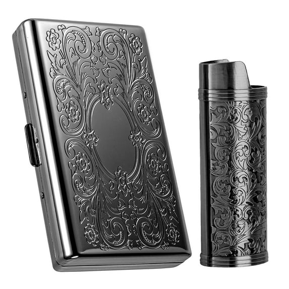 Metal Vintage Cigarette Case - With J6 Lighter Metal Case, Holds 12pcs 100mm Cigarettes or as an Organizer for RFID Credit Cards and Cash (Black)