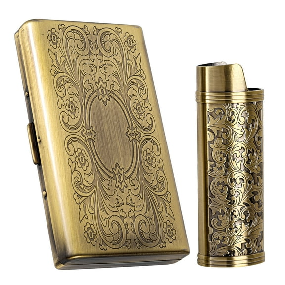 Metal Vintage Cigarette Case - With J6 Lighter Metal Case, Holds 12pcs 100mm Cigarettes or as an Organizer for RFID Credit Cards and Cash (Bronze)
