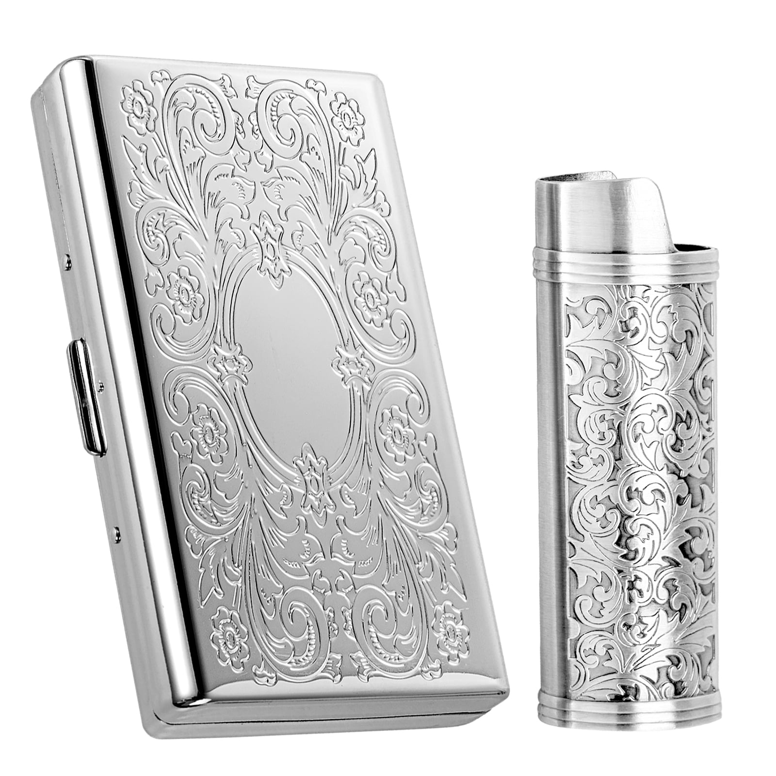 Metal Vintage Cigarette Case - With J6 Lighter Metal Case, Holds 12pcs 100mm  Cigarettes or as an Organizer for RFID Credit Cards and Cash (Silver)