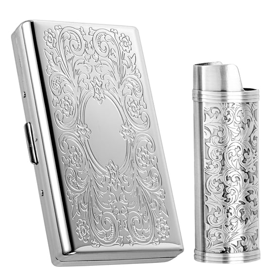 Metal Vintage Cigarette Case - With J6 Lighter Metal Case, Holds 12pcs 100mm Cigarettes or as an Organizer for RFID Credit Cards and Cash (Silver)