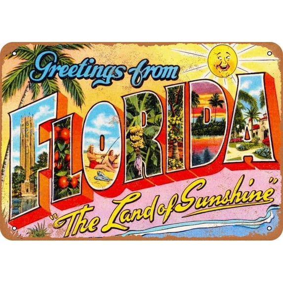 Metal Vintage Greetings from Florida Retro Poster Plaque Tin Sign Wall Decor for Kitchen Bar Pub Farm House Metal Sign Vintage Home Decor Rustic Tin Signs Wall Art Metal Poster 8x12 inch