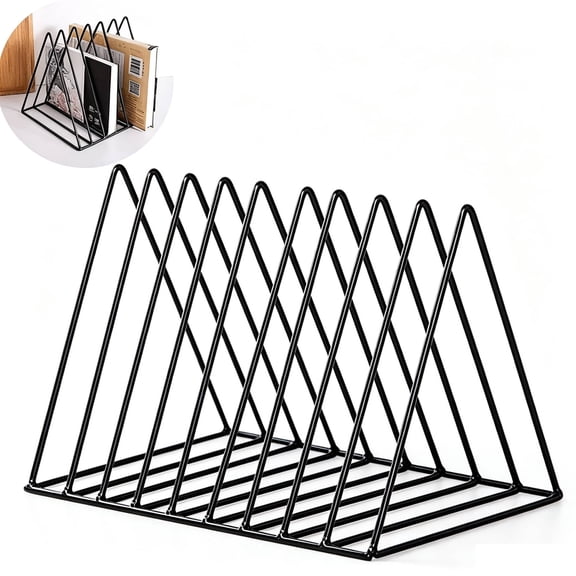Vinyl Record Holder Stand, 9 Grid Metal LP Record Storage Rack, Desktop File Organizer Rack, Triangle Display Shelf for Home Office, Black