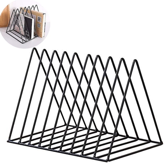 Metal Vinyl Record Holder Stand,Vertical Record Player Holder,File Holder for Desk,File Organizer for Desk,Desktop File Sorters,Paper Organizer,Triangle Upright 9 Lattice Vinyl Rack Stand(Black)