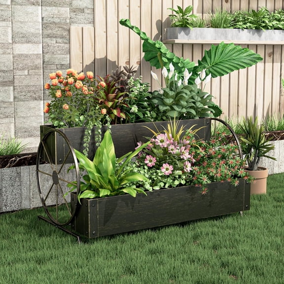 Metal Wagon Planter Box, 2-Tier Garden Planter with Wagon Wheels, Decorative Outdoor Planters for Flowers Herbs Vegetables, Flower Cart Small Raised Garden Bed for Patio, Balcony (Retro Gold)