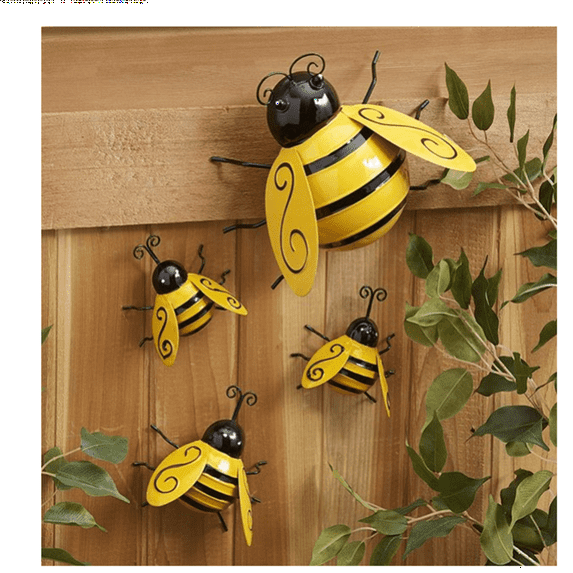 Metal Wall Art, 4PCS Metal Bumble Bee Wall Decor, 3D Iron Bee Art Sculpture Hanging Wall Decor for Outdoor Home Garden Patio Wall Art Bee Ornament Inspirational Wall Decor Hanging Bumblebee Art Decor