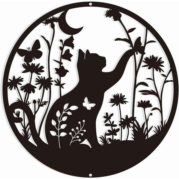 Metal Wall Art Decor Cat in the Flower Bush Metal Art Home Decor Hanging Decoration Line Wall Sculpture Kitchen Decoration Indoor Outdoor Ornaments for Bedroom Living Room 11.8x11.8 Inch Black