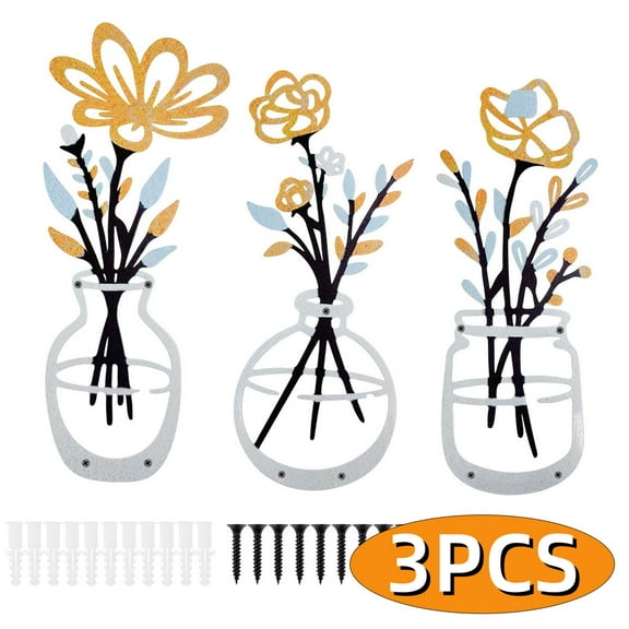 Metal Wall Art Decor Rustic Home Decor Modern Farmhouse Dining Room Housewarming Gifts Minimalist Flower Wall Decors for Livingroom Bathroom Bedroom 3PCS Design 7
