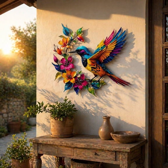 Metal Wall Art Decoration with Bird and Flower Design for Outdoor Garden Fence Porch Patio Wall Decor 11.81 Inches Colorful Nature-Inspired