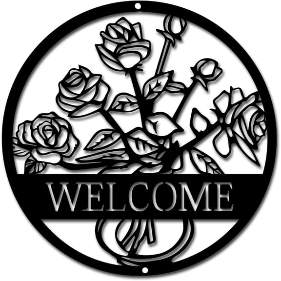 Metal Wall Art Flower Decor Wall Hanging Plaques Ornaments Iron Welcome Word Wall Art Sculpture Sign DIY for Indoor Outdoor Home Living Room Kitchen Garden Office Decoration Gift Black 11.8inch