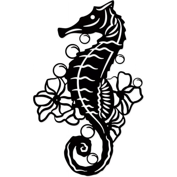 Metal Wall Art Home Decor Seahorse Flower Wall Hanging Plaques Ornaments Iron Wall Art Sculpture Sign Wrought Iron Wall Decor 7.4”x11.81” Black