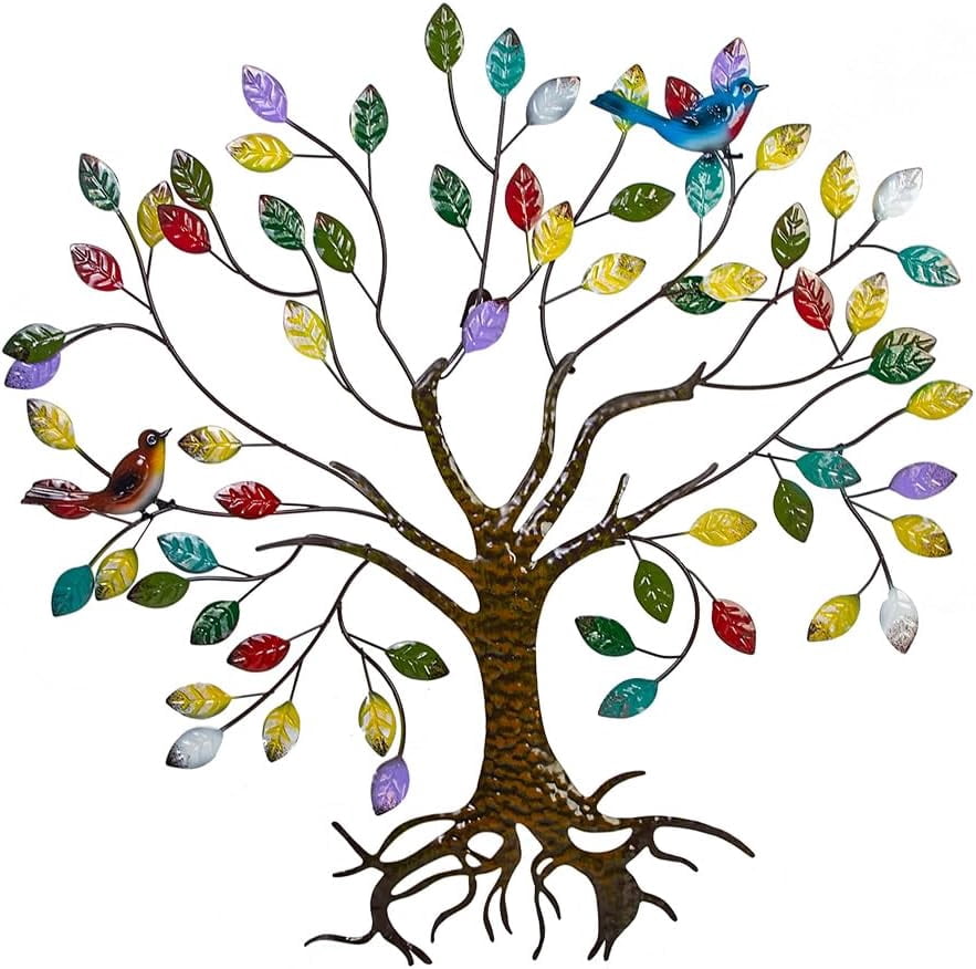 Tree Of Life Metal Wall Art With 3 Birds - Black Galvanized Steel Hanging Sculpture, 13 Inch, Home & Garden Decor