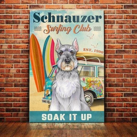 Metal Wall Art for Living Room Schnauzer Dog Surfing Club Sign Vintage Tin Sign Chic Art Wall Metal Decorations Funny Iron Plaque Signs Gift for Living Room Office 8x12 Inch