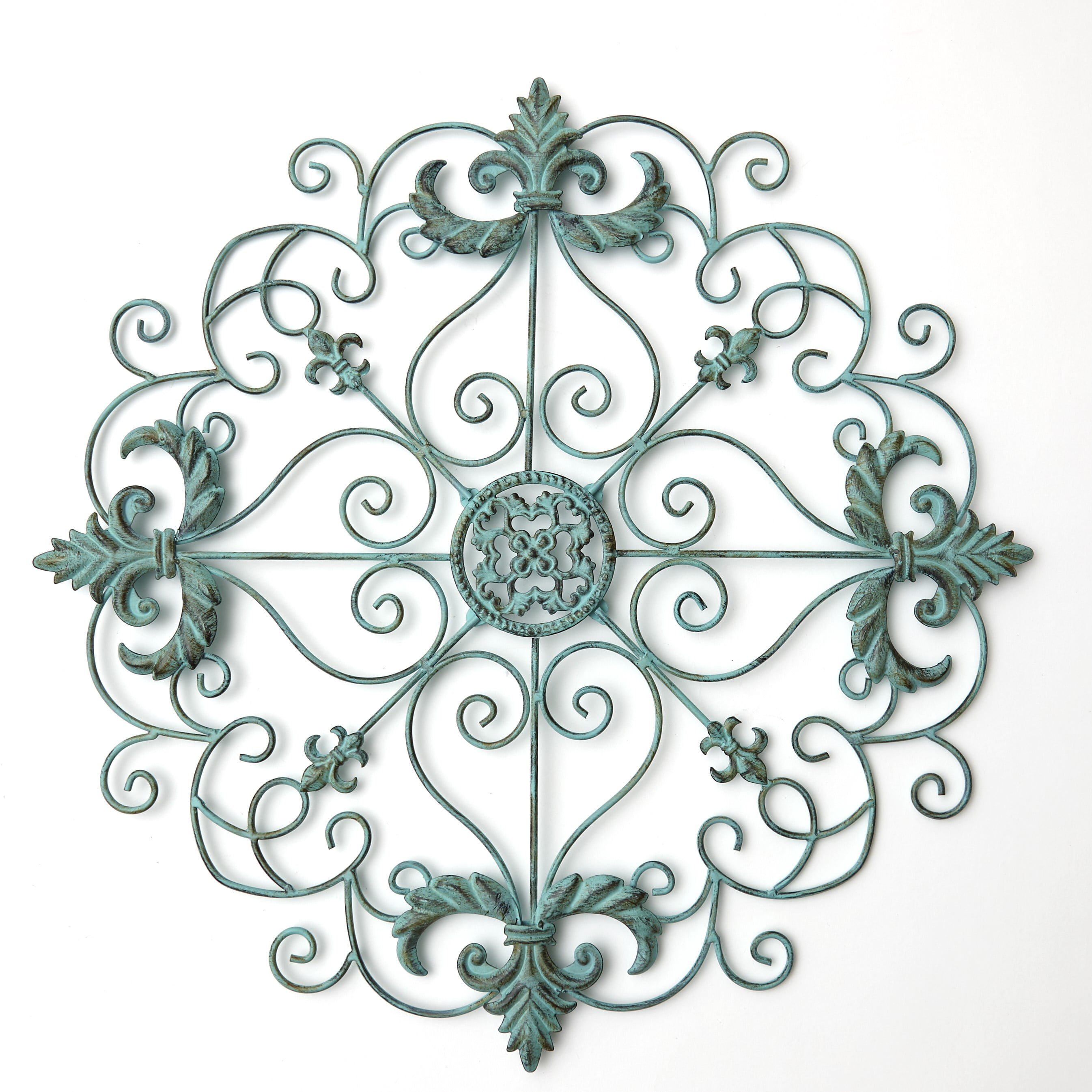 Metal Wall Art Medallion with Ornate Accent Pattern Teal Round