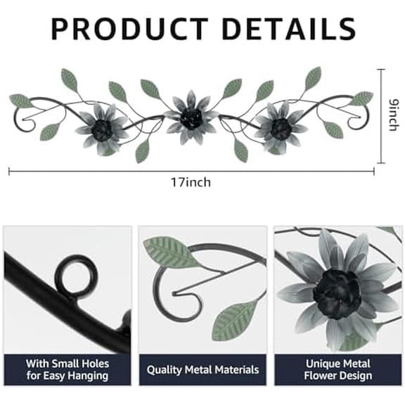 Metal Wall Art Modern Minimalist Metal Flowers Indoor Decor Horizontal Wall Art Iron Artwork,for Over Door,Bedroom,Living Room,Kitchen,Officel Scroll Decor(Black)