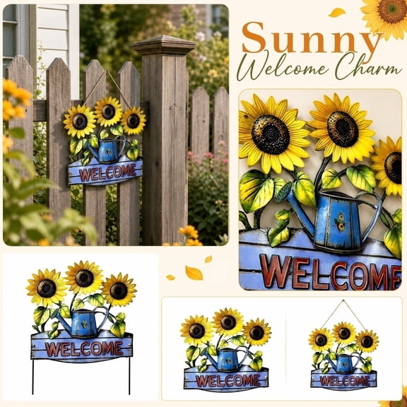 Metal Wall Art Outdoor, Rustic Wall Decor, Outdoor Wall Decor for Patio, Welcome Home Yard Sign, 12X12 Inch Hanging Three Sunflower Metal Welcome Sign for Outdoor Garden, Porch,