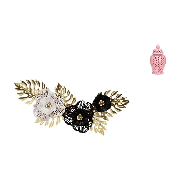Metal Wall Art Sculpture Ceramic Ginger Jar Decorative Hollow Flower Leaves Arrangement for Dining Room Home Display
