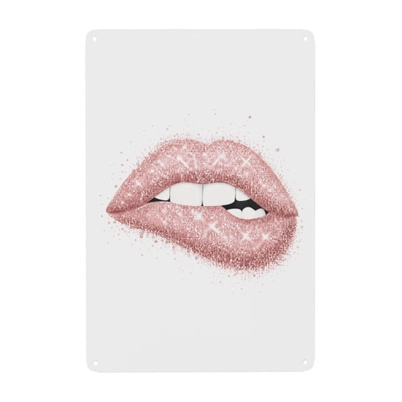 Metal Wall Art Sign with Glitter Lips Design, 8x12 Inch, Glamorous Home Decor, Easy Hanging Metal Sign for Bedroom or Living Room, Rustic and Vintage Style Indoor/Outdoor Wall Decor