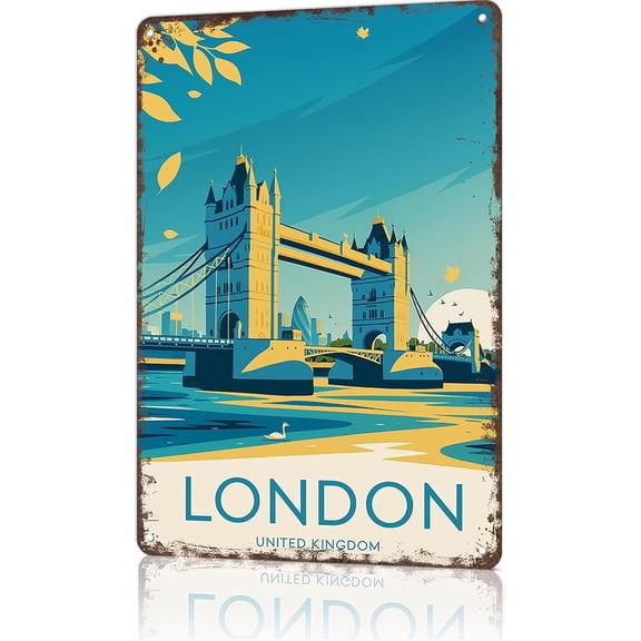 Metal Wall Art Sign With London Tower Bridge Design 8x12 Inch Aluminum Decor For Home Man Cave Office Bedroom