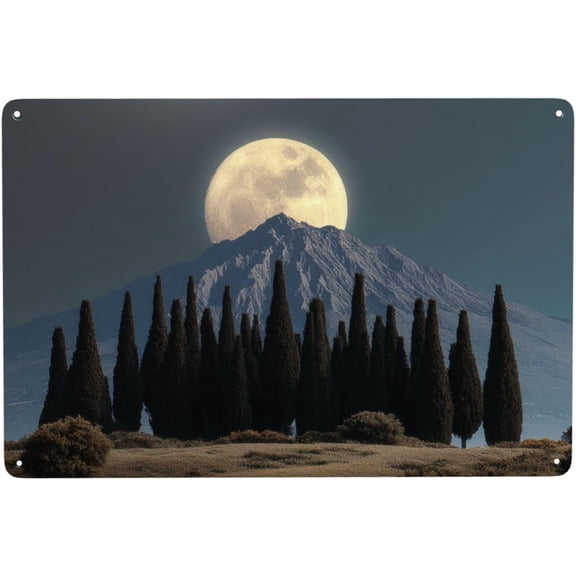 Metal Wall Art Tin Sign Plaque, Serene Celestial Moon and Mountain Scene, Textured Design, Easy to Hang, 8 x 12 Inch for Home Office or Entryway