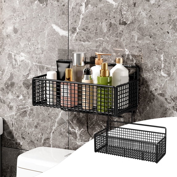 Metal Wall Basket Storage Organizer Black Iron | Kitchen Countertop Spice Rack | Mesh Hanging Shelf for Seasoning, Toiletries | 10.16"x5.87"x5.43" Durable Space Saver