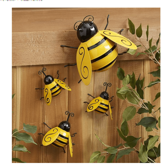 Metal Wall Bumble Bee - 4 Pack 3D Sculpture Wall Art Bee Ornament Inspirational Wall Decor Hanging Bumblebee Art Decor,3D Iron Bee Art Sculpture Hanging Wall Decorations for Outdoor Home Garden