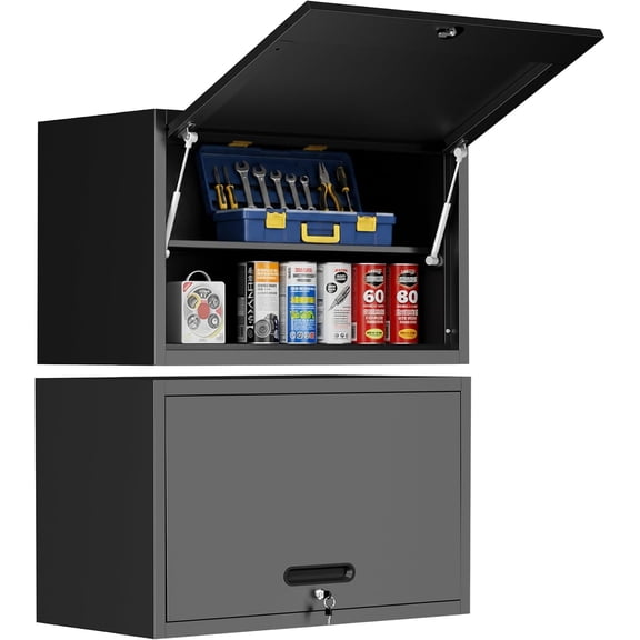 Metal Wall Cabinet with 1 Up-flip Door and 1 Adjustable Shelf,Black Heavy Duty Garage Wall Mounted Storage Cabinets,Tool Cabinets for Garage,Kitchen,Warehouse,Office,Assembly Required