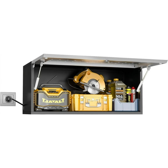 Metal Wall Cabinet for Garage, Floating Garage Storage Cabinet with Lock, Flip Up Wall Mount Shop Cabinet, Locking Tool Storage Cabinets, Small Steel Cabinet for Garage, Basement, Assembly Required