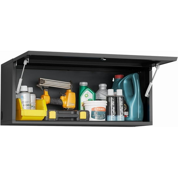 Metal Wall Cabinet for Garage, Wall Mounted Storage Cabinet with Gas Spring, 14" H Lockable Tool Cabinet, Small Hanging Cabinet for Workshop, Warehouse, Enclosed Trailers - Assembly Required