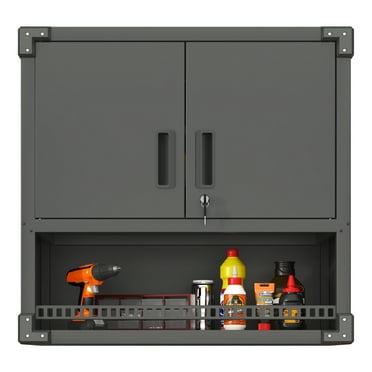 Metal Wall Cabinet Storage, Powder-Coating Steel Metal Cabinet With 2 Doors And 1 Opened Drawer, Adjustable Shelf, Assembly Required, Locking Garage Cabinet