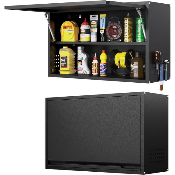 Metal Wall Cabinet with Up-flip Door,Metal Wall Storage Cabinet with Adjustable Shelf,Wall Mounted Tool Cabinets with Pegboard for Garage,Basement,Home Office, Kitchen,Warehouse-Black