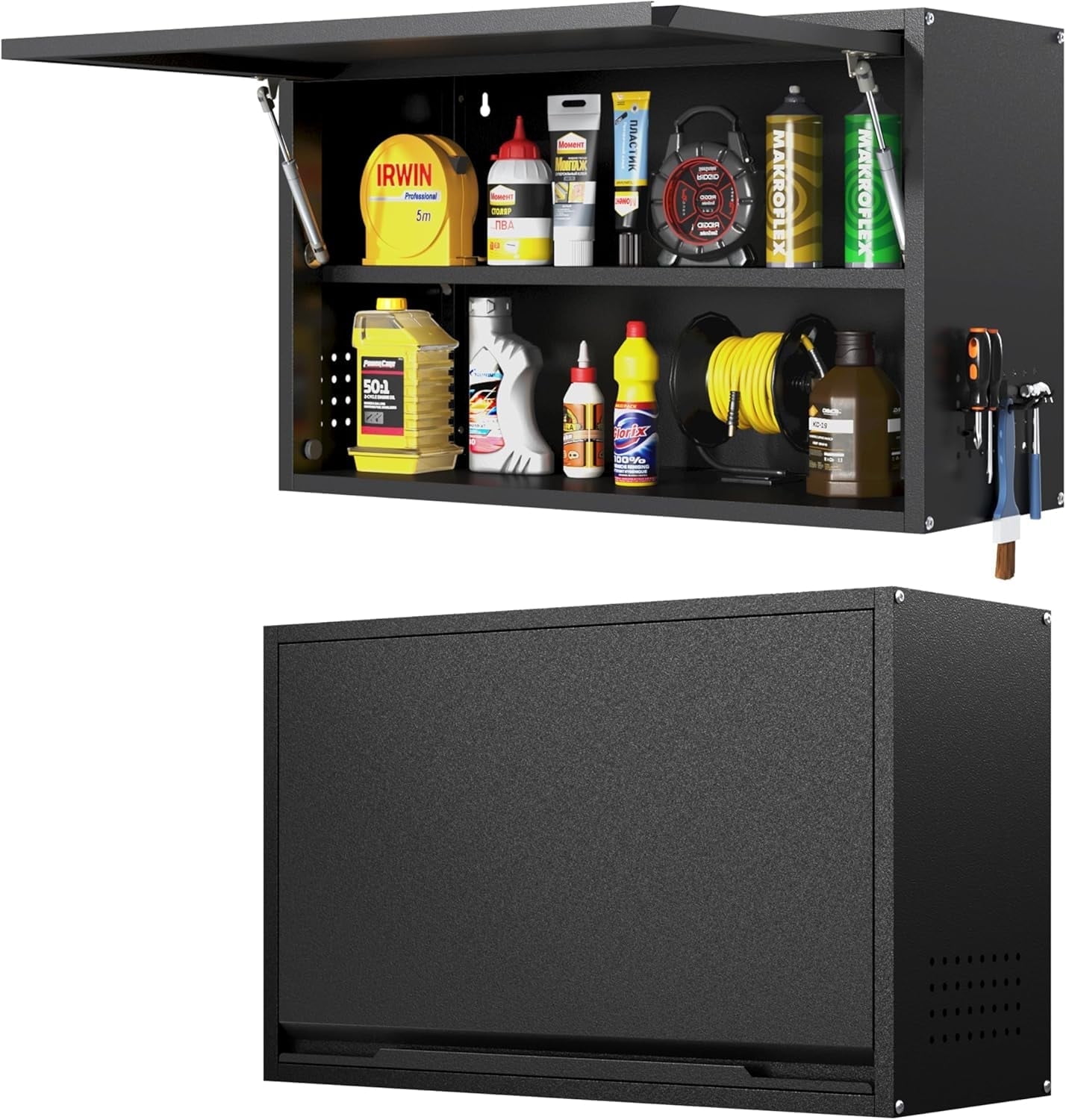 Metal Wall Cabinet with Up-flip Door,Wall Mounted Tool Cabinets with Pegboard,Metal Wall Storage Cabinet with Adjustable Shelf for Garage,Basement,Home Office, Kitchen,Warehouse（Black）