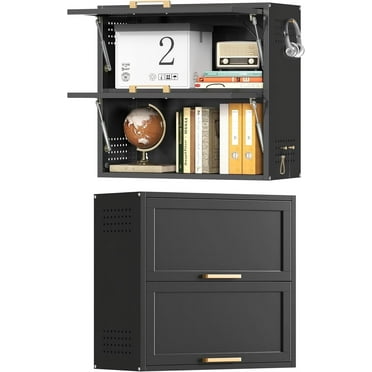 Metal Wall Cabinets,Garage Cabinets with 2 Up-Flip Doors,Metal Wall Storage Cabinet,Floating Steel Garage Wall Mounted for Garage,Basement,Home Office, Kitchen,Warehouse-Black