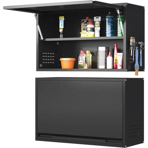 Metal Wall Cabinets, Garage Wall Cabinet with Up-Flip Door, 19.7" H Wall Mounted Metal Storage Cabinet for Kitchen,Garage,Basement,Ware House Assembly Required (Black 31.5" W)
