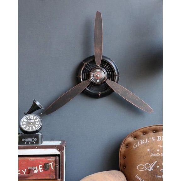 Metal Wall Decor Art Antique Airplane Propeller Aviation Wall Clock for Living Room Bedroom Rustic Wall Sculptures Brown 29.5x26.4 inches