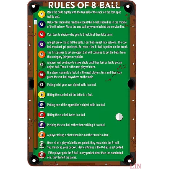 Metal Wall Decor for Bedroom Billiard Pool Rules of 8 Ball Metal Sign Vintage Home Decor Rustic Aluminum Tin Signs Wall Art Metal Poster for Bar 8x12 inch