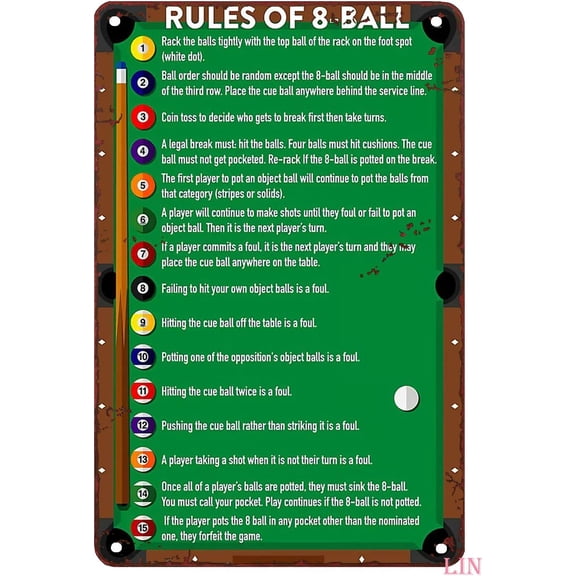 Metal Wall Decor for Bedroom Billiard Pool Rules of 8 Ball Metal Sign Vintage Home Decor Rustic Aluminum Tin Signs Wall Art Metal Poster for Bar 8x12 inch
