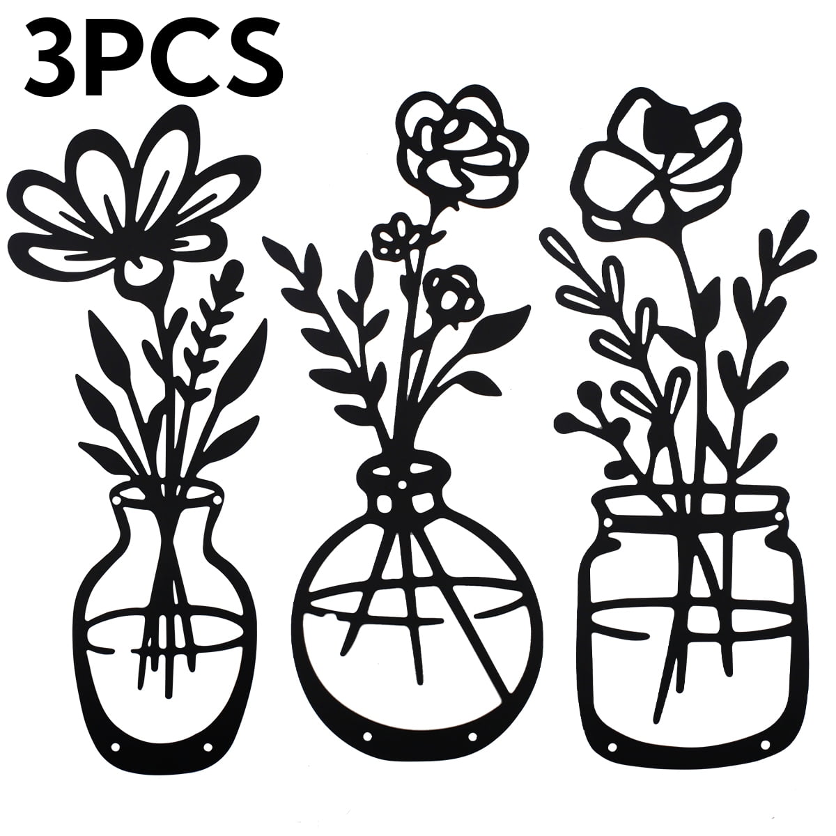 Metal Wall Decor Black Flowers Vase Wall Art Hanging for Indoor Kitchen Bathroom Bedroom Living Room 3 Pcs