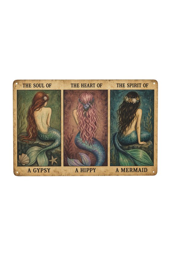 Metal Wall Decor Sign 8X12 Inch, Mermaid Fantasy Artwork with Gypsy and Hippy Inspired Ocean Themes, Vintage Style Iron Hanging Plaque for Home Indoor Outdoor Decoration, Rustic Se