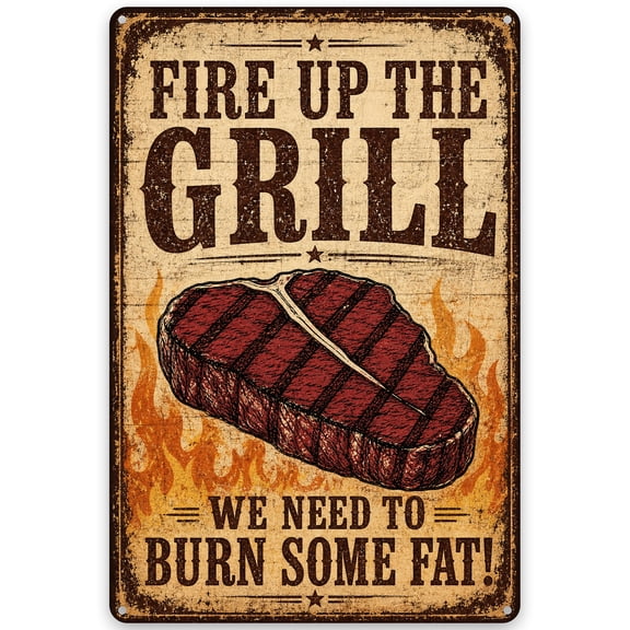 Metal Wall Decor Sign 8x12 Inch - Fire Up The Grill BBQ Theme - Rustic Vintage Style Iron Plaque with Steak and Flame Design - Easy Hanging, Home Barbecue Cooking Decoration