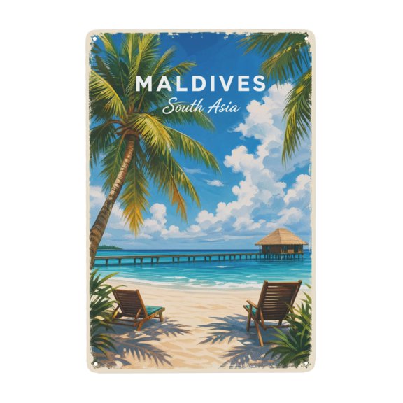 Metal Wall Decor Sign 8x12 Inch Maldives South Asia Beach Scene Vintage Style Indoor/Outdoor Weather Resistant Rustic Iron Art Decor with Pre-Drilled Holes