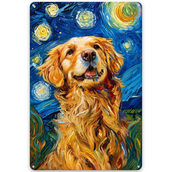 Metal Wall Decor Sign 8x12 Inch - Starry Night Golden Retriever Painting - Vintage Style Art for Home Decor, Easy Hanging, Indoor Outdoor Use, Weather Resistant, Rustic Charm