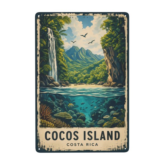Metal Wall Decor Sign with Cocos Island Costa Rica Design - 8x12 Inch Vintage Style Iron Plaque, Easy Hanging, Indoor Outdoor Weather Resistant Rustic Tropical Theme Art for Home Decor