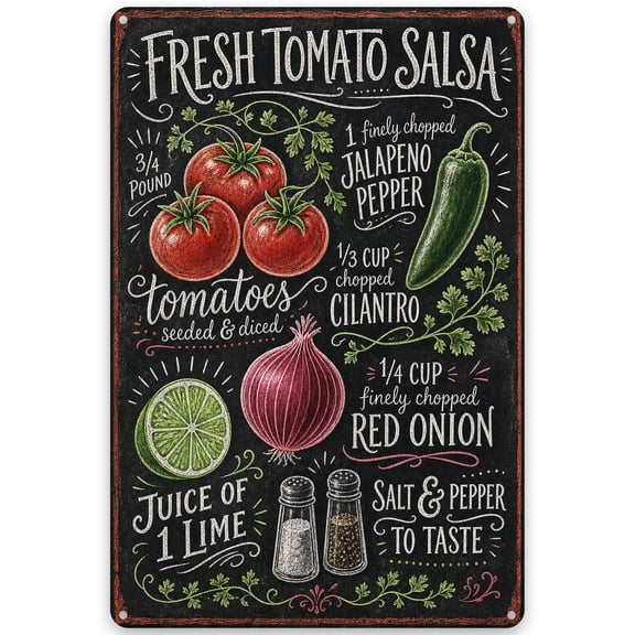 Metal Wall Decor Sign - Fresh Tomato Salsa Recipe Theme 8x12 Inch Vintage Style Iron Plaque for Kitchen or Dining Room - Easy Hanging with Pre-Drilled Holes, Weather Resistant Finish