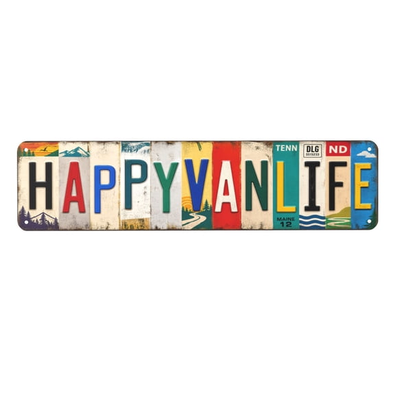 Metal Wall Decor Sign, "Happy Van Life" Theme, License Plate Design, Vintage Rustic Style, Indoor/Outdoor Plaques, Easy Hanging, Weather Resistant, 4x16 Inch