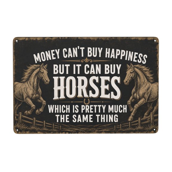 Metal Wall Decor Sign - Money Can't Buy Happiness But It Can Buy Horses - Rustic Vintage Style, Horse Themed Plaque with Pre-Drilled Holes, Indoor Outdoor Use, 8x12 inch